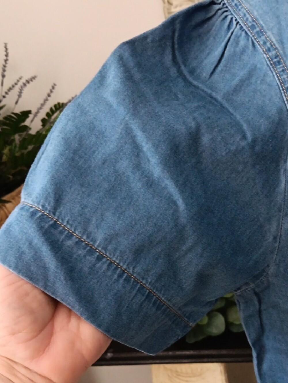 Denim Button Yoke Short Sleeve Top - Blue - Picture 7 of 7